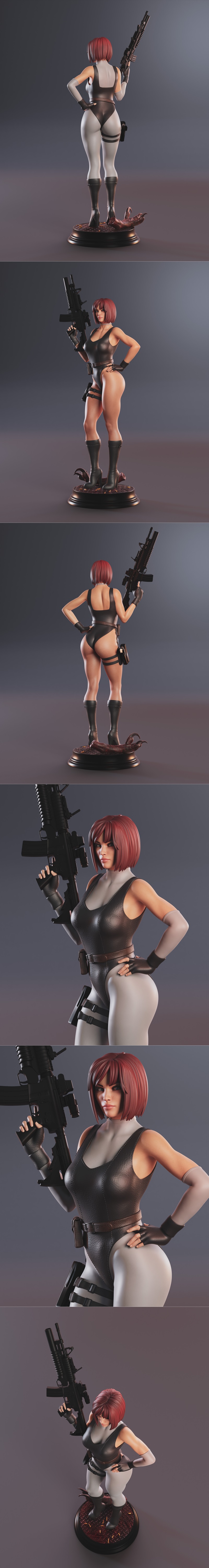 Abe3D Regina 3D model figure, a woman with short red hair wearing a dark bodysuit, thigh holsters, and high-heeled bo...