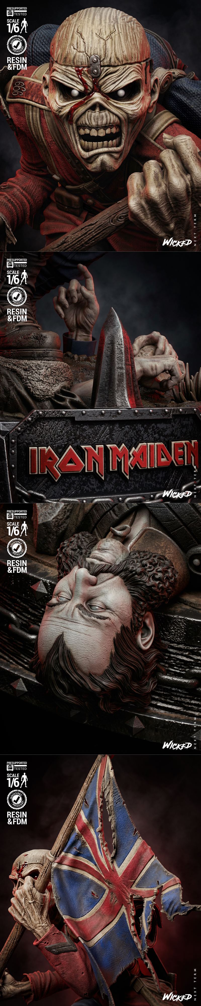 Iron Maiden warrior in power armor with a polearm, holding a British flag, standing over a defeated enemy.