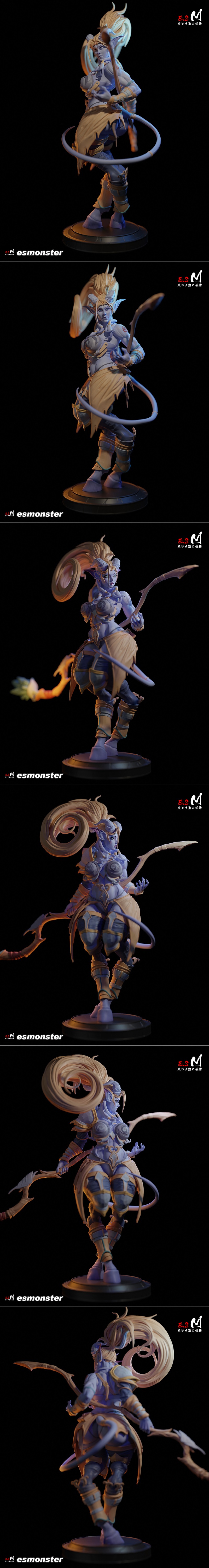 Female Draenei character 3D model, blue skin, horns, blonde ponytail, holding a bow, wearing ornate armor and loinclo...