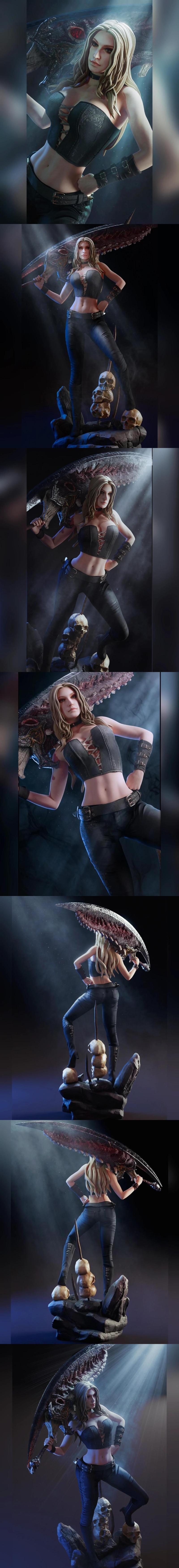 Trish from Devil May Cry, a female figure in a corset and pants, holding a large sword, standing on a base of skulls....