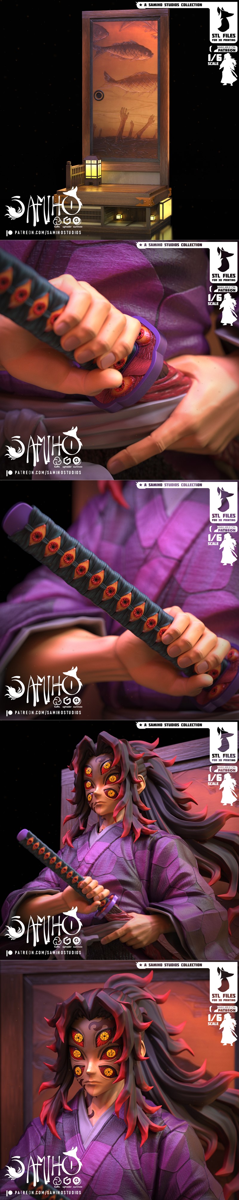 Kokushibo 3D print figure from Demon Slayer, wearing a purple kimono and dark hakama, holding a sword, with six eyes...