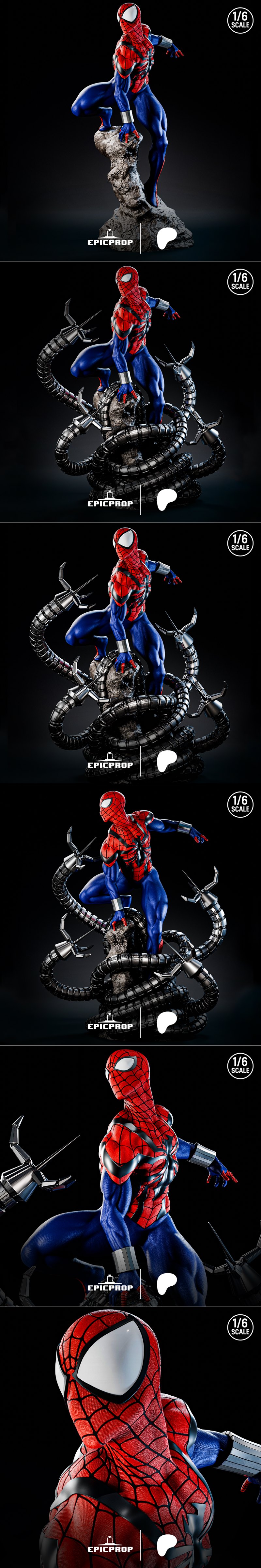 1:6 scale 3D print model of Ben Reilly in Spider-Man costume, crouching with mechanical tentacles around him.