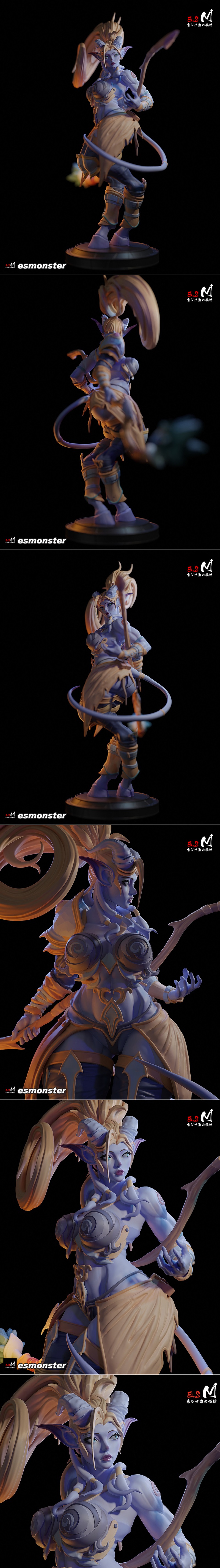 Female Draenei character 3D model, blue skin, horns, blonde ponytail, holding a bow, wearing ornate armor and loinclo...