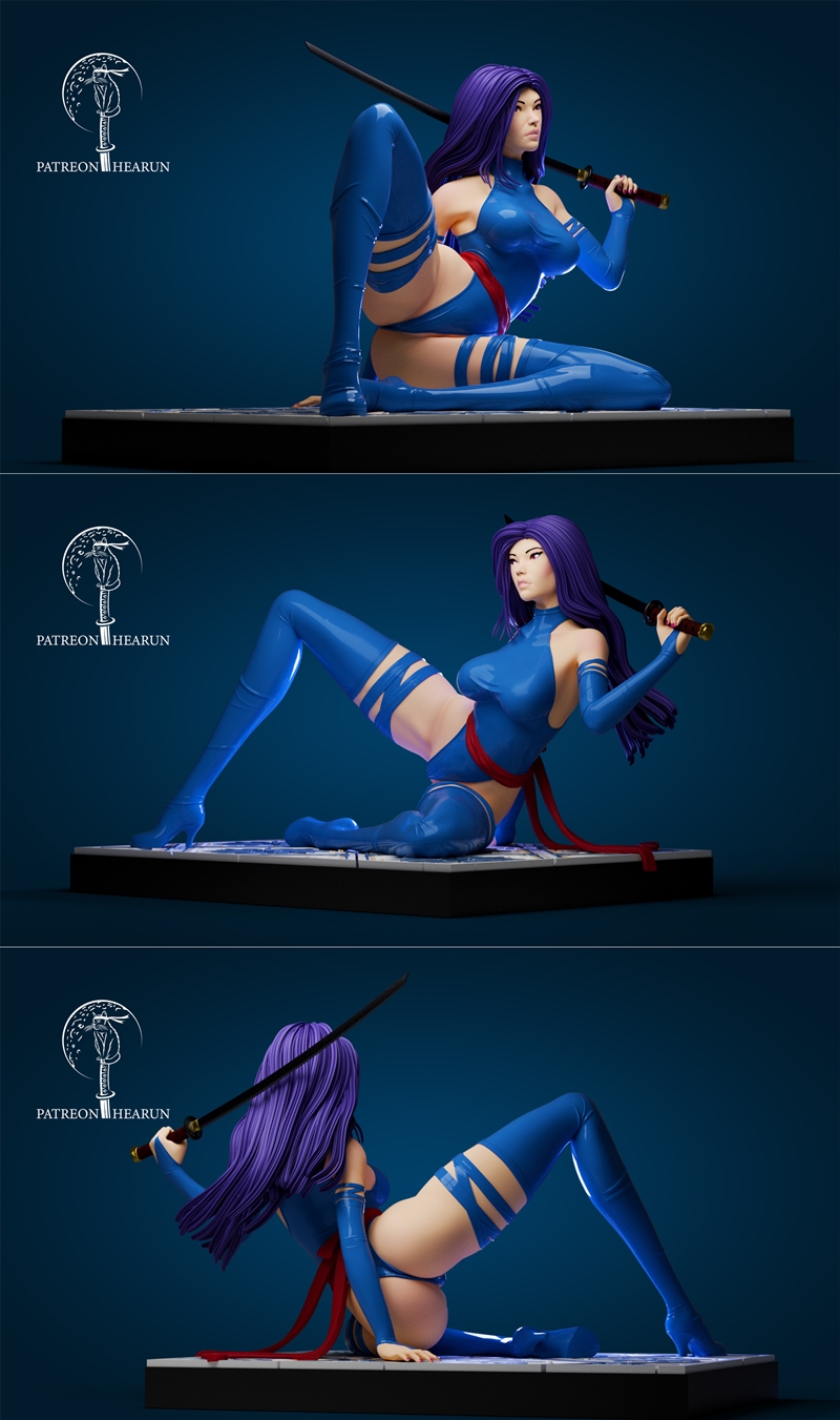 Hearun 3D model of Psylocke from Marvel Comics, posed sensually with a katana, wearing a blue bodysuit and thigh-high...