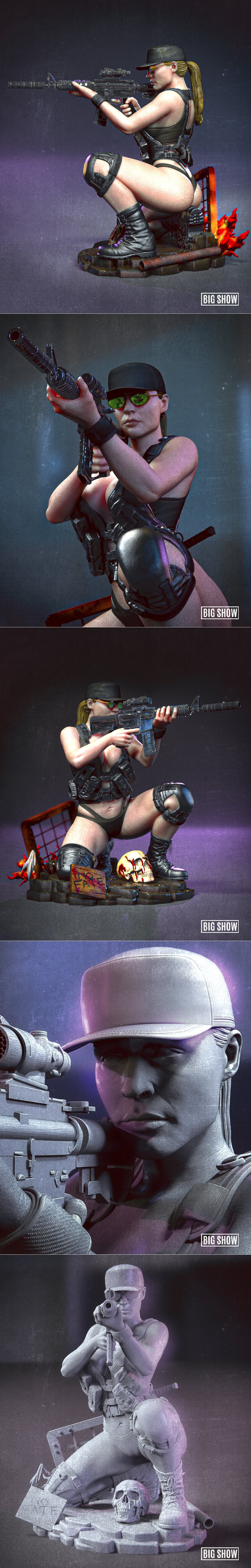 Sarah Connor aiming a rifle, with a desaturated duplicate figure behind her. Tactical gear, sunglasses, and revealing...