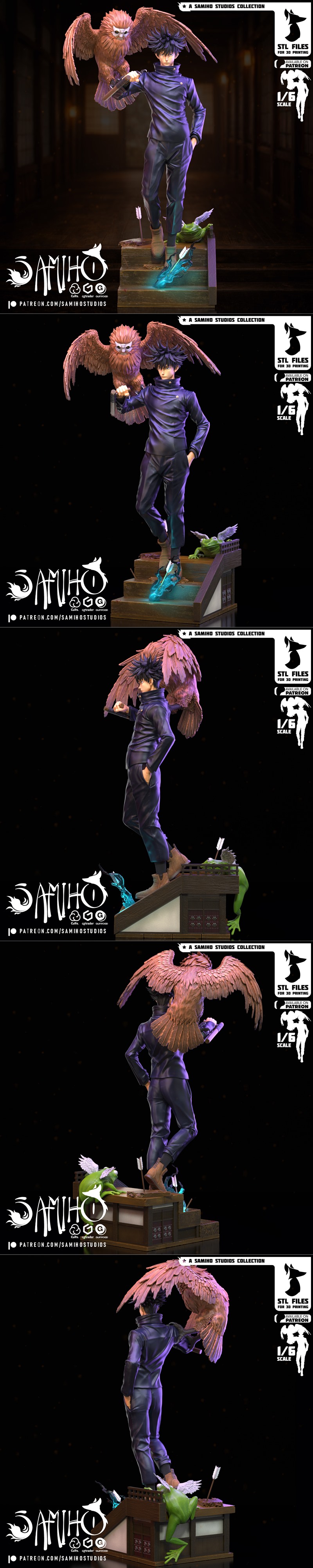 Megumi Fushiguro 3D model with owl and frog familiars, 1/6 scale, dark uniform, holding a knife.
