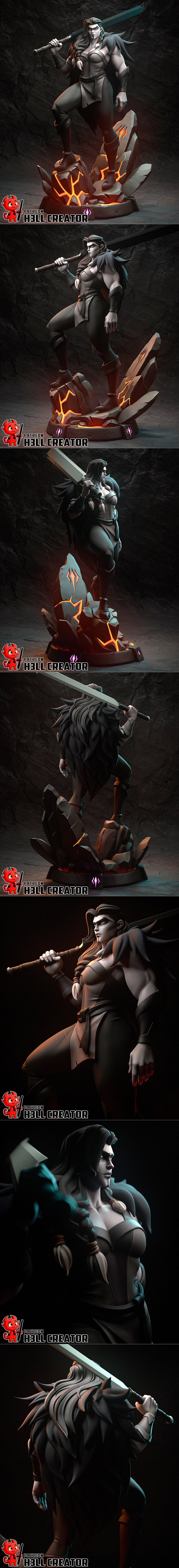 Yasha 3D model figure by H3LL Creator, a female warrior with long braids, face paint, and a large sword over her shou...