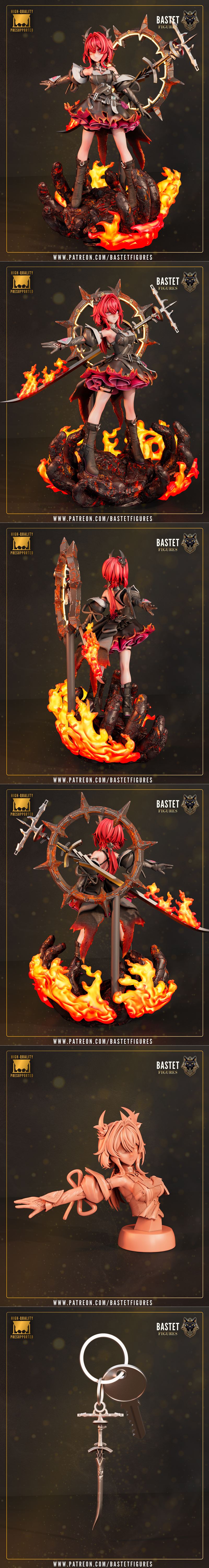 Laevatain 3D model figure by Bastet Figures, a female character with red hair, horns, and a dark outfit, holding a sw...