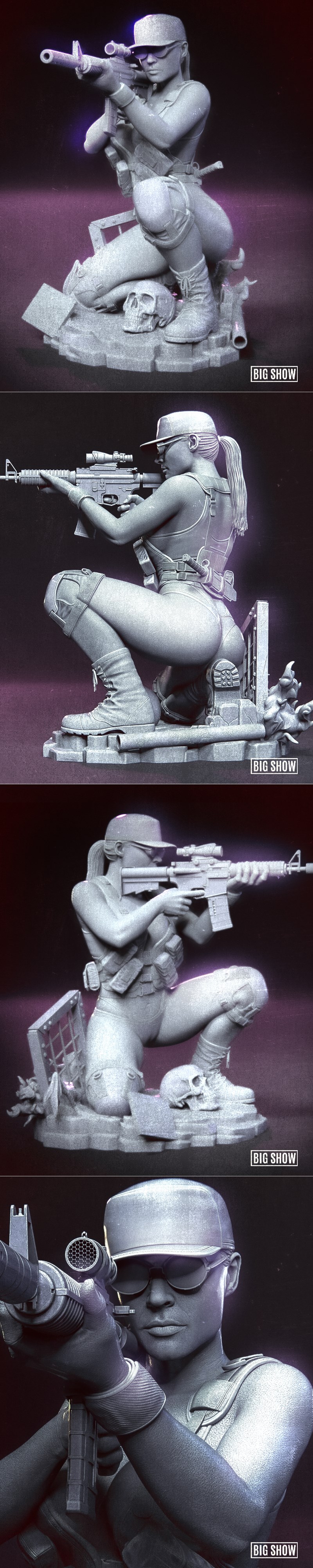 Sarah Connor aiming a rifle, with a desaturated duplicate figure behind her. Tactical gear, sunglasses, and revealing...