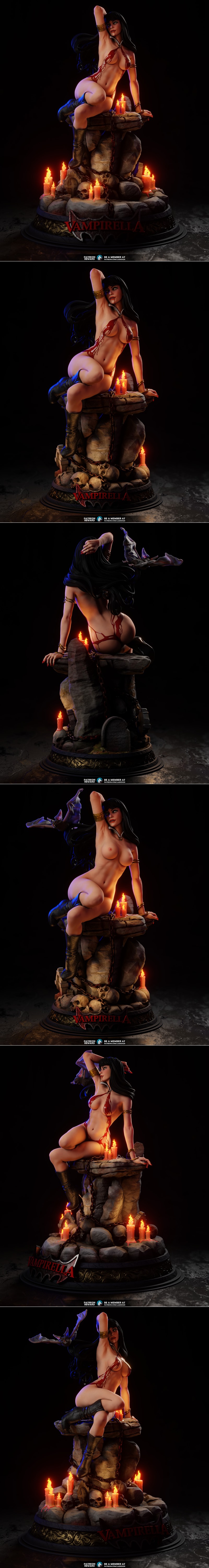 Vampirella figure by LA3Design, seated on a rock base with skulls, wearing a red bikini, tall boots, and gold jewelry...