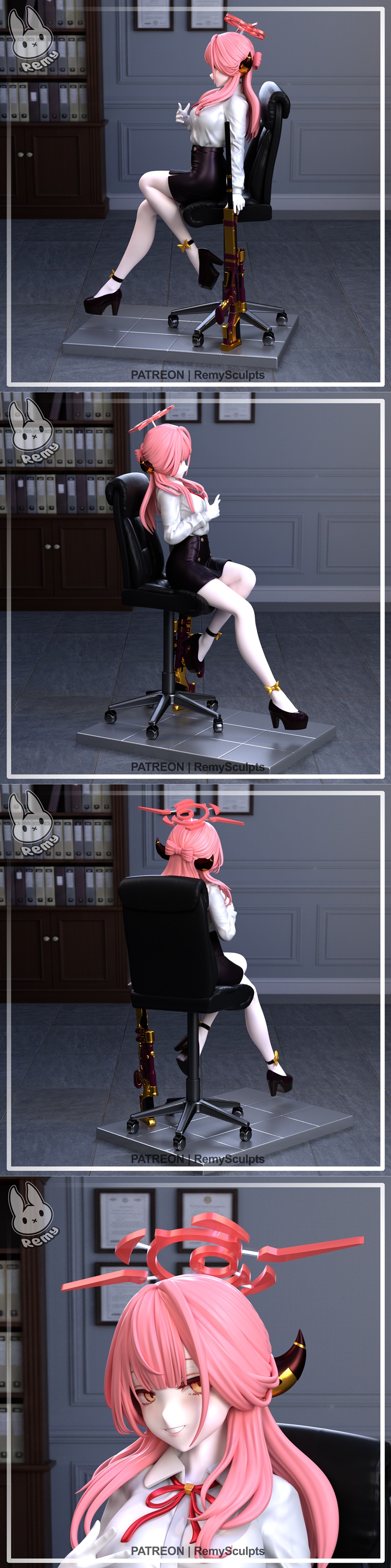 Rikuhachima Aru figure seated in an office chair, wearing a white shirt and black mini-skirt, holding a golden sniper...