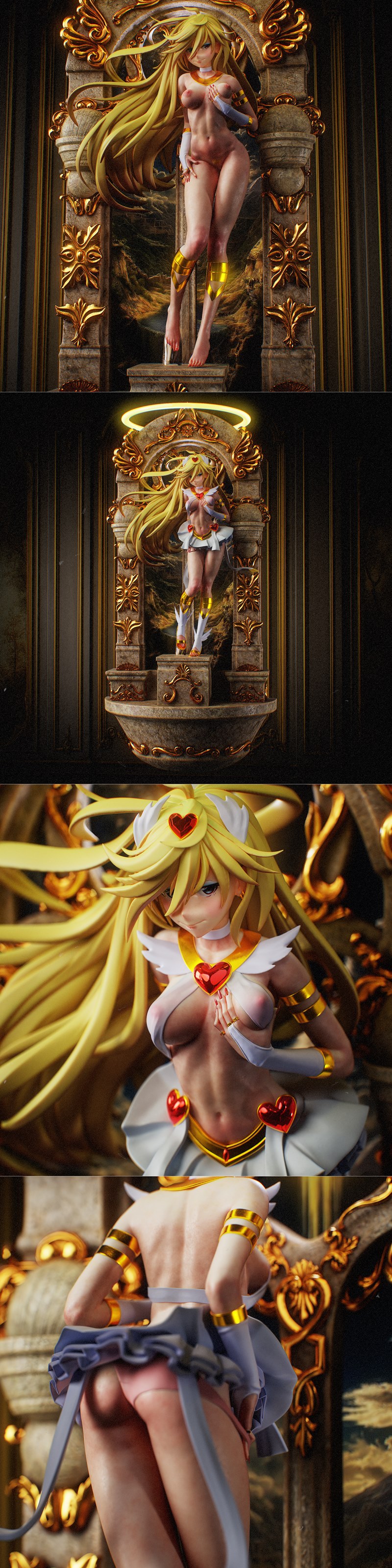 Panty Anarchy anime figure with long blonde hair, wearing a revealing white and gold outfit with heart details and an...