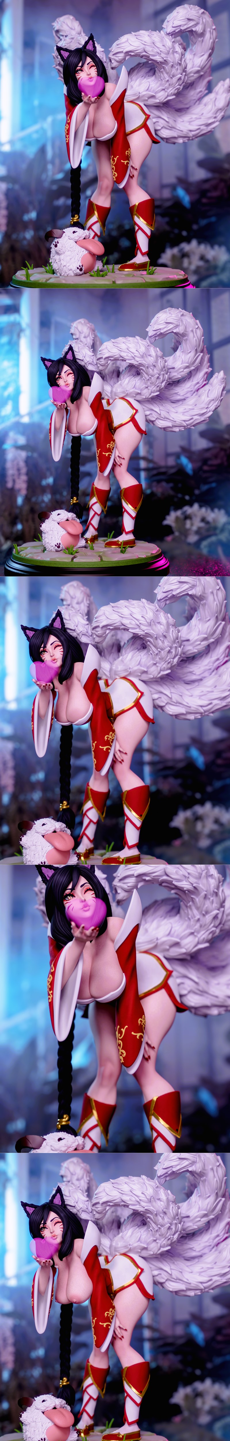 Ahri from League of Legends figure, nine-tailed fox girl in red outfit holding pink orb, with a Poro at her feet, Mom...