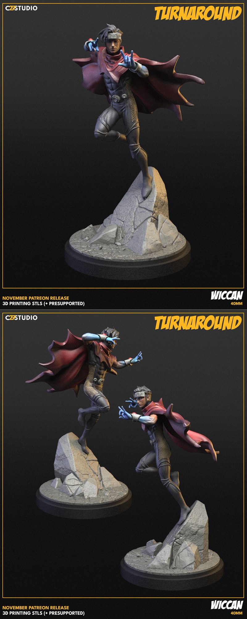 3D print model of Marvel's Wiccan in a dynamic pose, casting magic with hands outstretched, wearing a red cape and da...