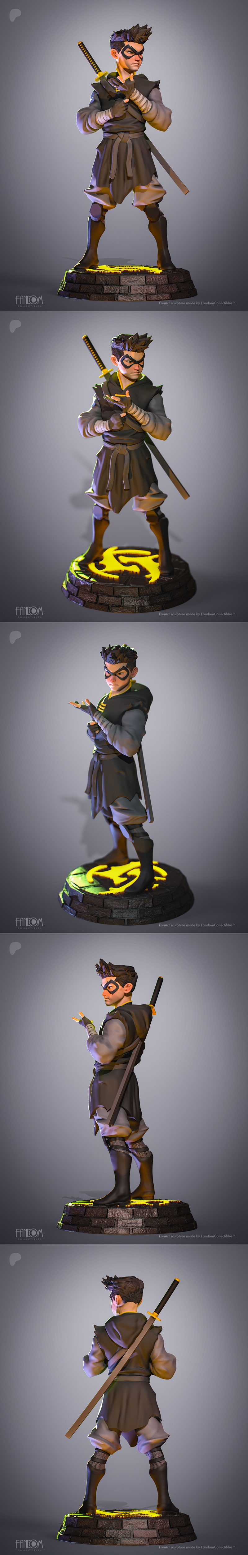 3D model figure of Robin Damian Wayne, wearing a black mask and hooded jacket, with a katana on his back. Fandom Coll...