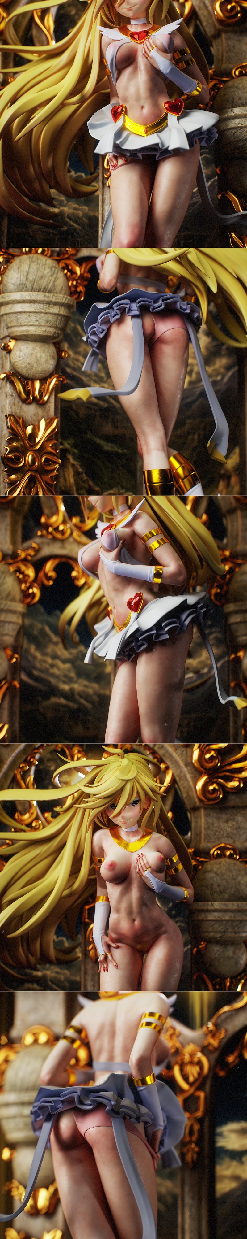 Panty Anarchy anime figure with long blonde hair, wearing a revealing white and gold outfit with heart details and an...