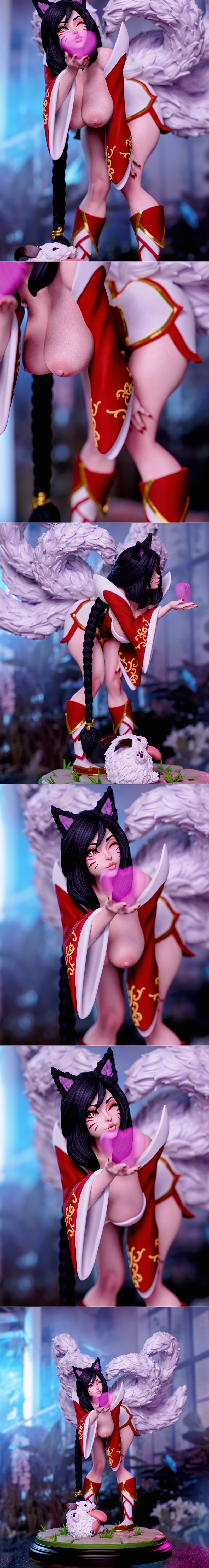 Ahri from League of Legends figure, nine-tailed fox girl in red outfit holding pink orb, with a Poro at her feet, Mom...