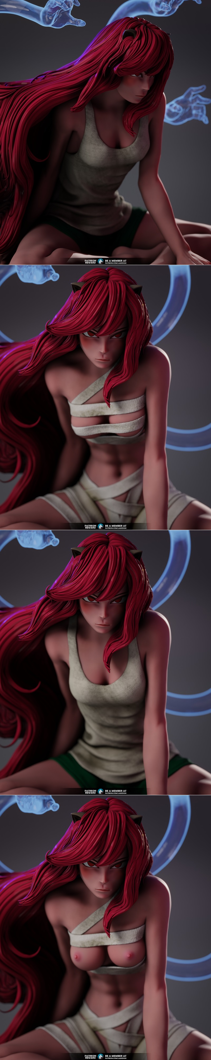 Lucy from Elfen Lied 3D model figure, seated with red hair, bandages, horns, and translucent blue telekinetic arms.