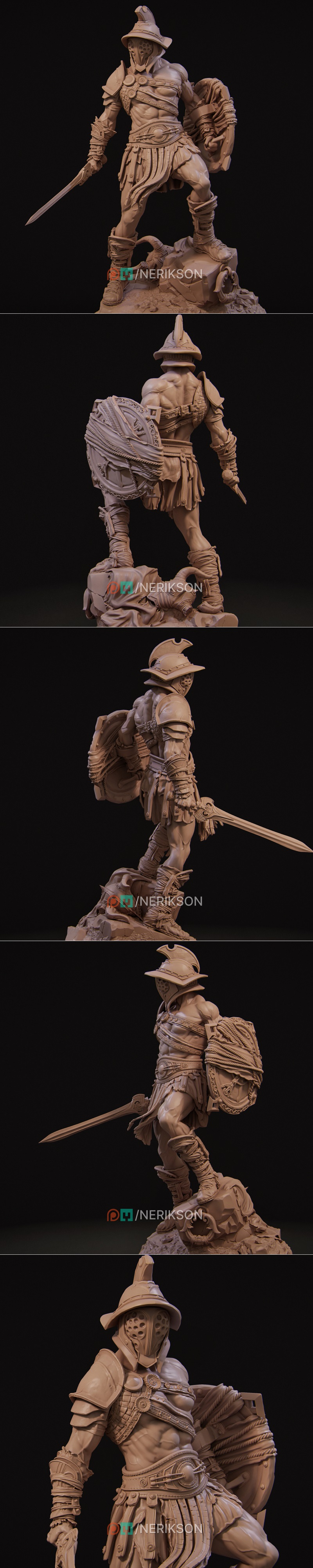 Gladiator Swordsman figure with helmet, sword, and shield, standing on rocks. Detailed armor and muscular physique.