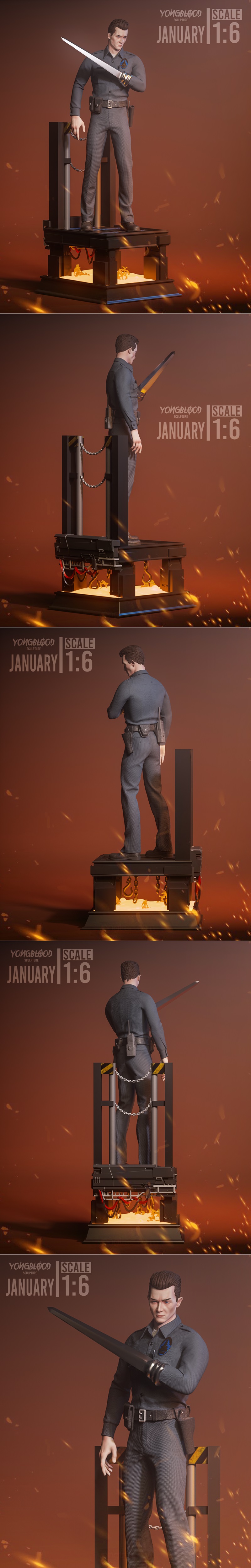 1:6 scale 3D model of T-1000 from Terminator, holding a blade, wearing a police uniform, standing on a detailed base...