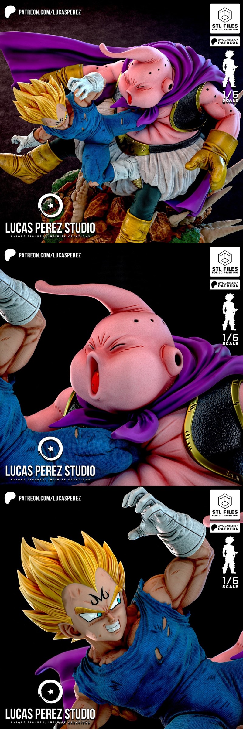 Majin Vegeta and Buu in a combat scene, Majin Vegeta in power armor with a polearm, Buu in defensive stance.