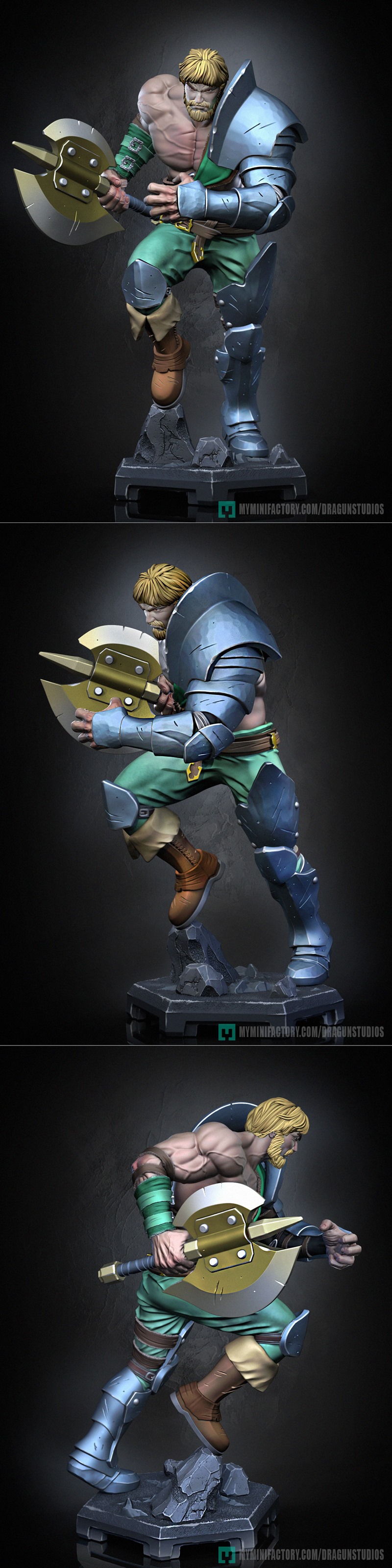Two 3D models of a muscular warrior named Perceval v2. One is colored, wearing green tunic and metallic armor, holdin...