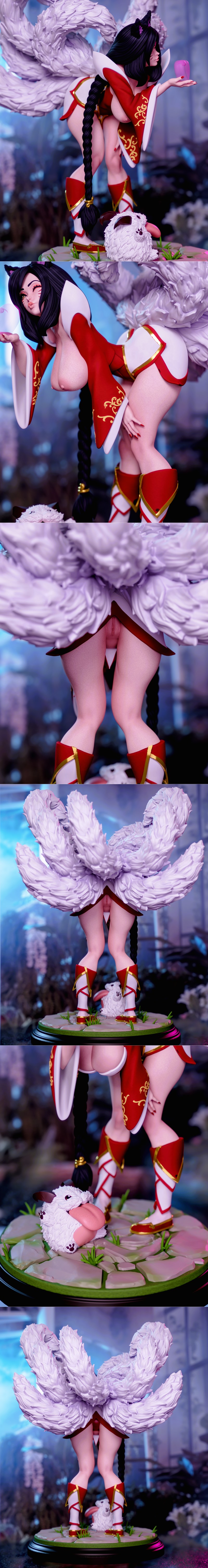 Ahri from League of Legends figure, nine-tailed fox girl in red outfit holding pink orb, with a Poro at her feet, Mom...