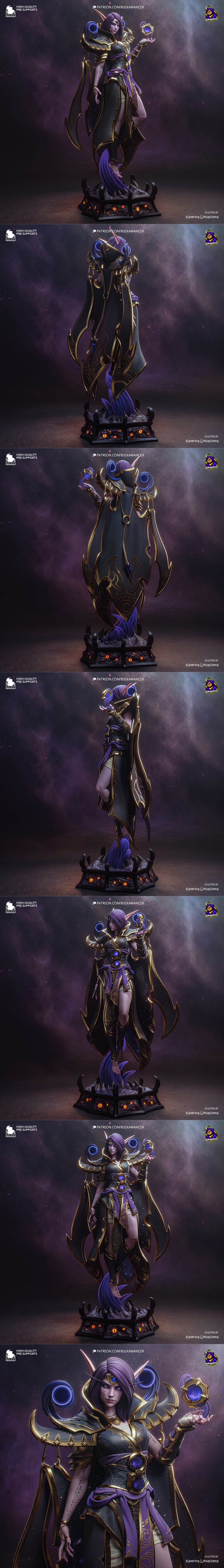 Xal'atath figure from World of Warcraft by Bulkamancer Sculpts, wearing dark and gold robes, holding a magic orb, sta...