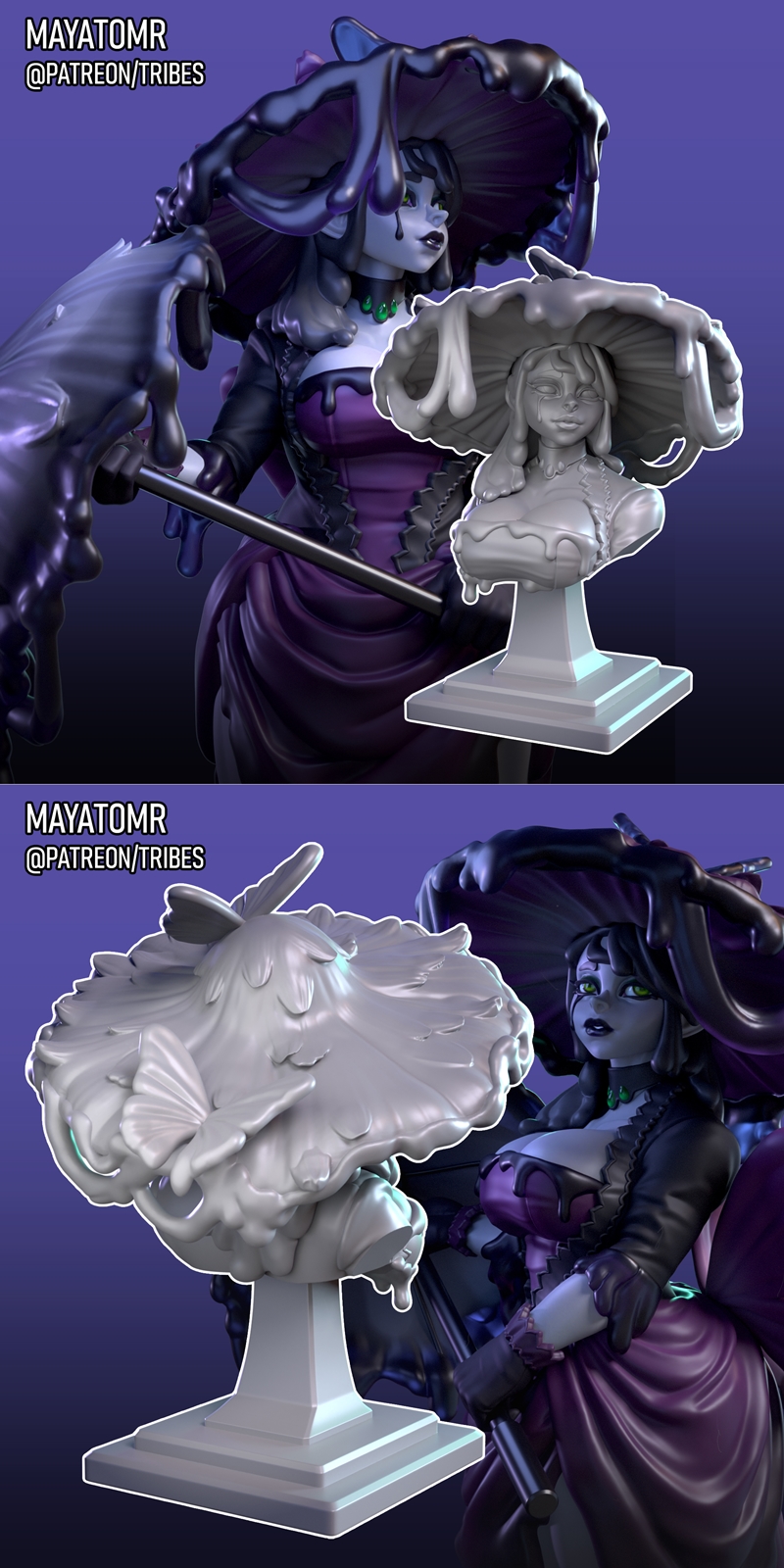 3D model bust of a gothic witch with a slime-covered mushroom hat and revealing purple dress. Tears stream down her f...
