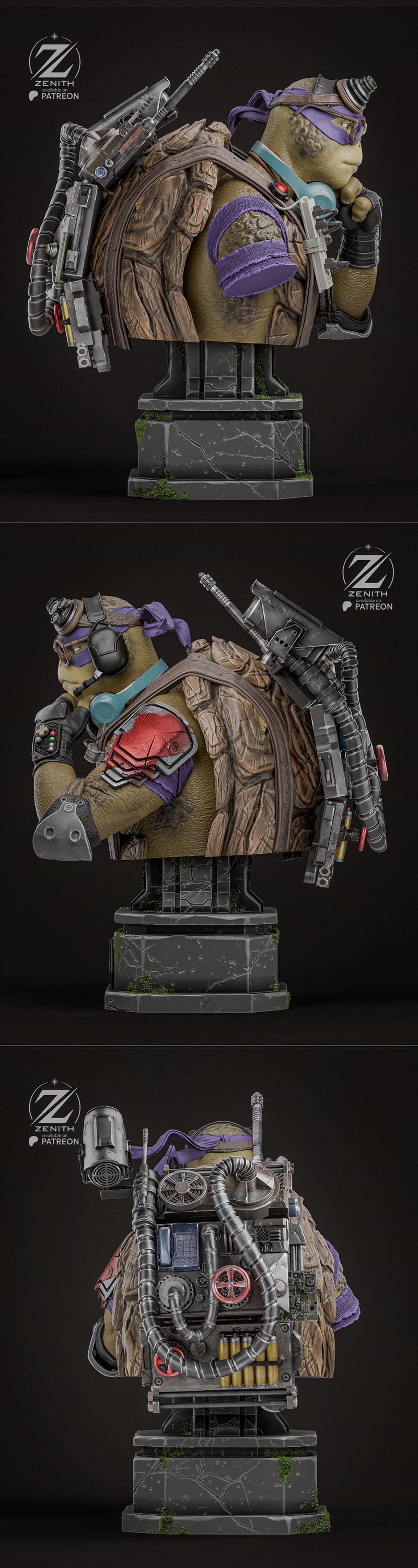Donatello from Teenage Mutant Ninja Turtles in a steampunk outfit with goggles and a gun, mounted on a futuristic ped...