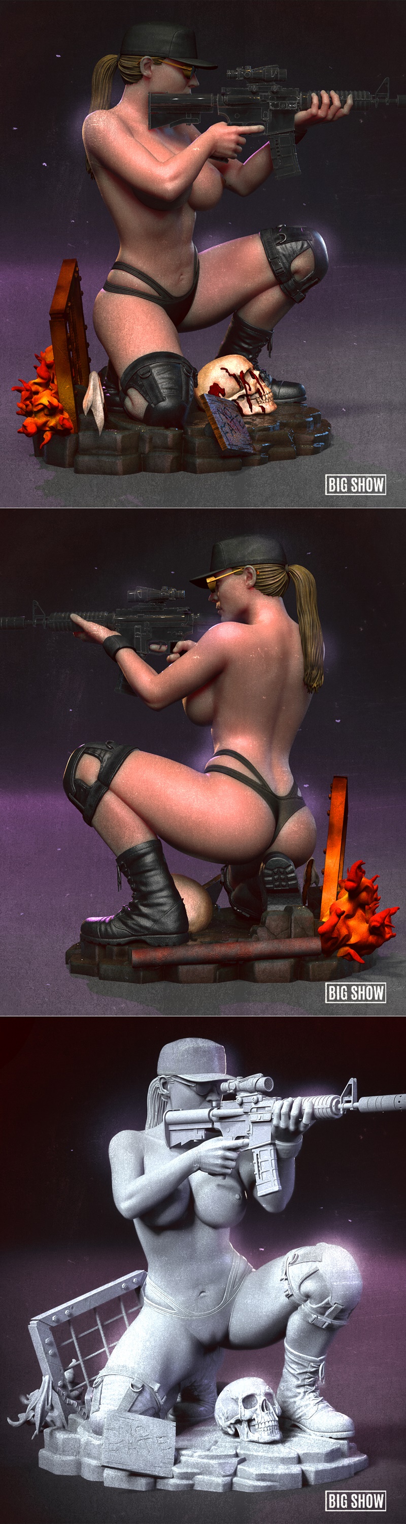 Sarah Connor aiming a rifle, wearing a baseball cap and green sunglasses, with exposed upper body. 3D model by Big Show.