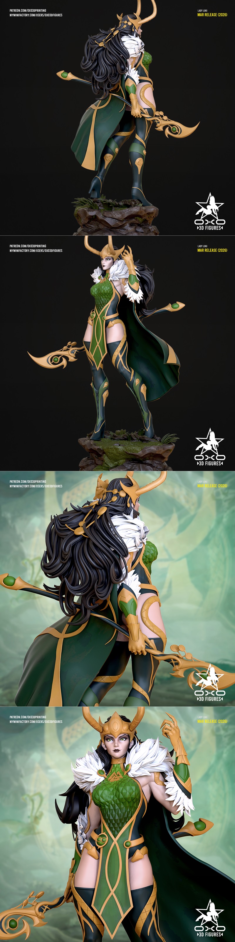 3D model figure of Lady Loki in green and gold armor with a cape and ornate weapon, standing on a rocky base.