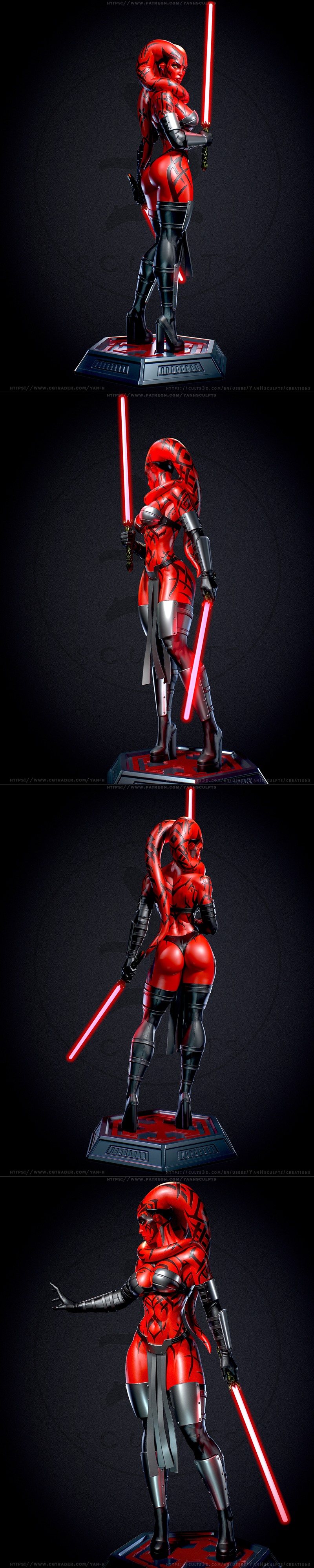 Darth Talon in red combat armor with tattoos, posed for battle.