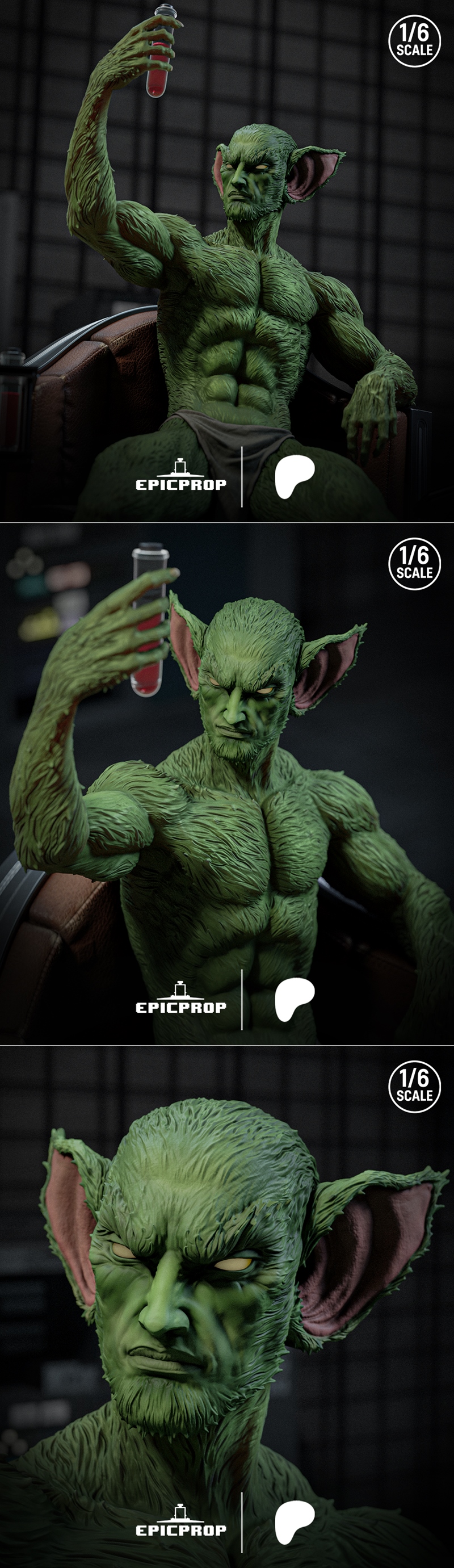 1:6 scale 3D printable figure of a green-skinned, muscular humanoid named Jackal, seated in a chair holding a test tube.