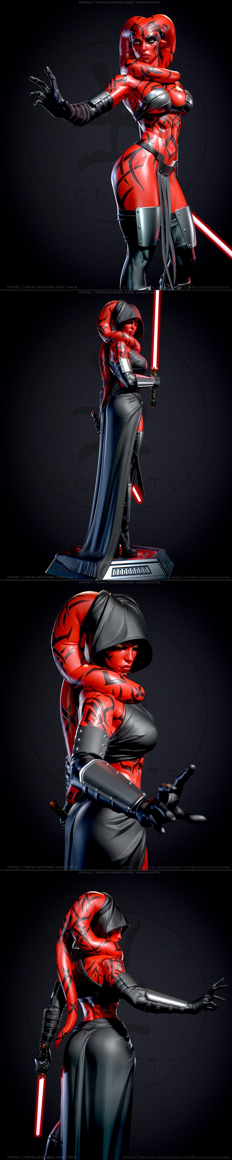 Darth Talon in red combat armor with tattoos, posed for battle.