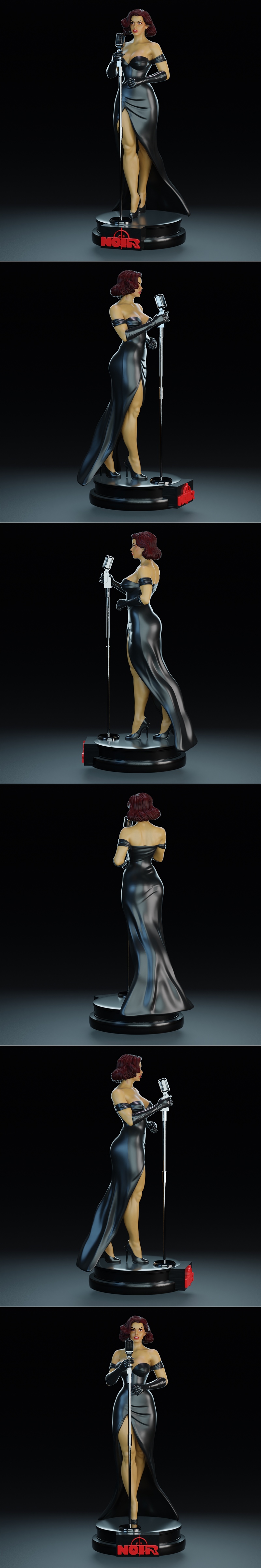 3D model of a woman in a black burlesque gown and gloves, holding a vintage microphone, standing on a circular base w...