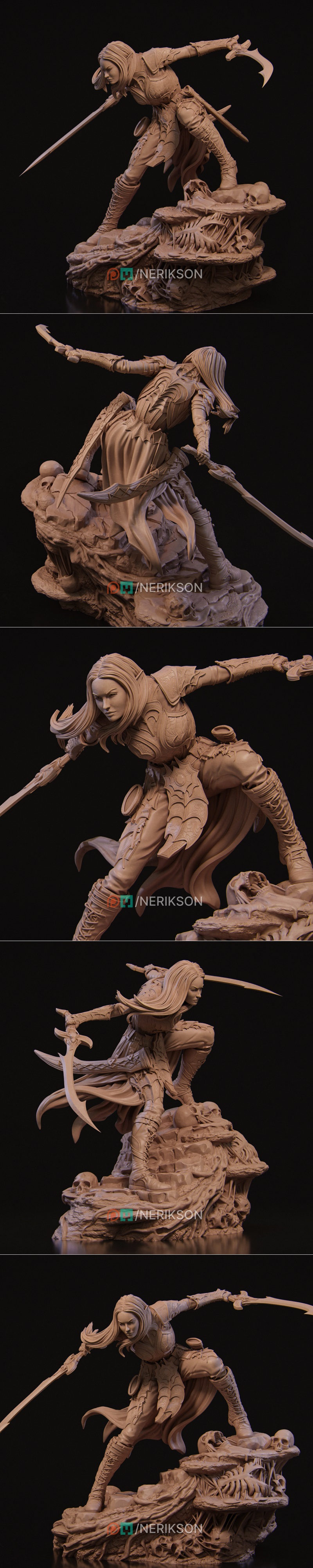 Lierin the Drow Fighter 3D model, poised in a dynamic combat stance with two swords, standing on a base of skulls and...