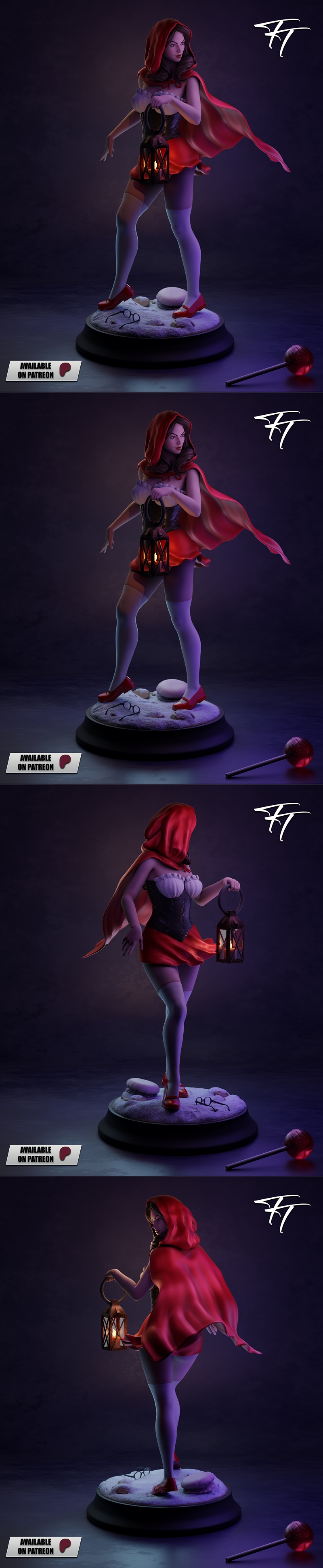 3D model figure of a woman in a red hooded cloak and short skirt, holding a lantern. She wears stockings and red shoe...