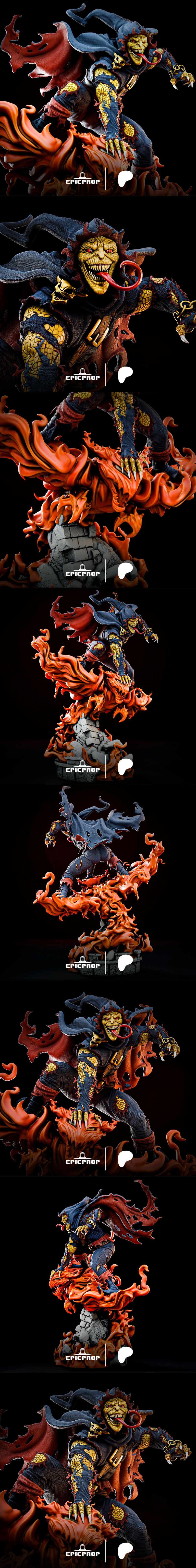 Demogoblin figure posed dynamically atop a fiery, demonic base, with tattered blue and yellow costume, red tattered c...