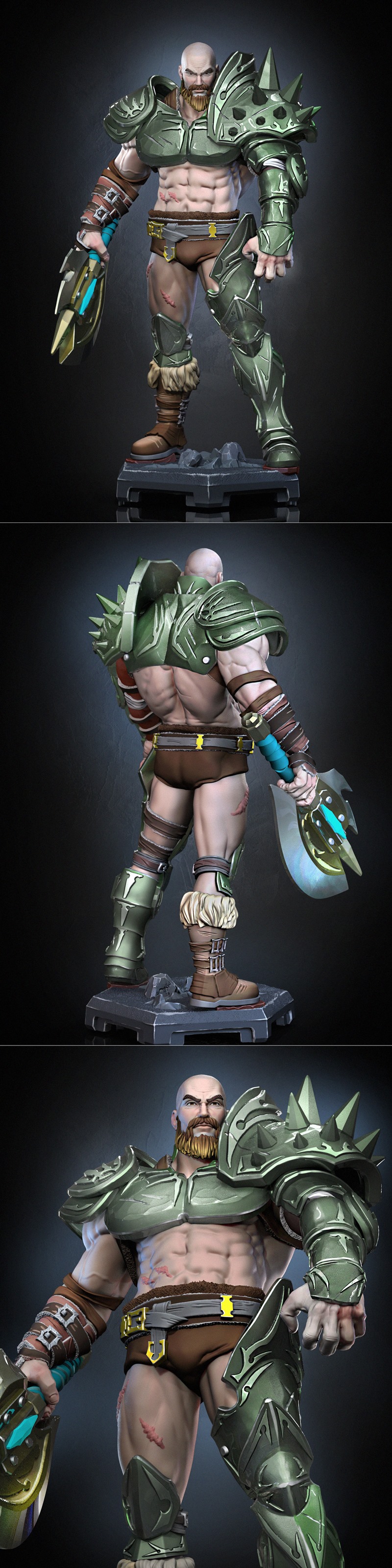 3D model of Perceval v3, a muscular bald warrior with a beard, wearing spiked armor and holding a glowing axe. Shown...