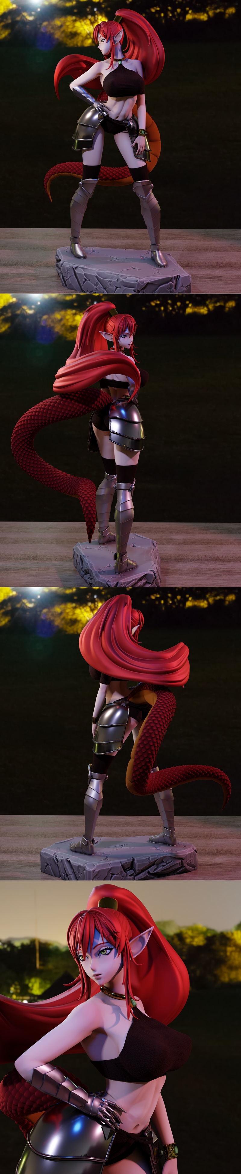 Female figure with long red hair, snake tail, and elven ears, wearing a black top and metallic armor pieces, standing...