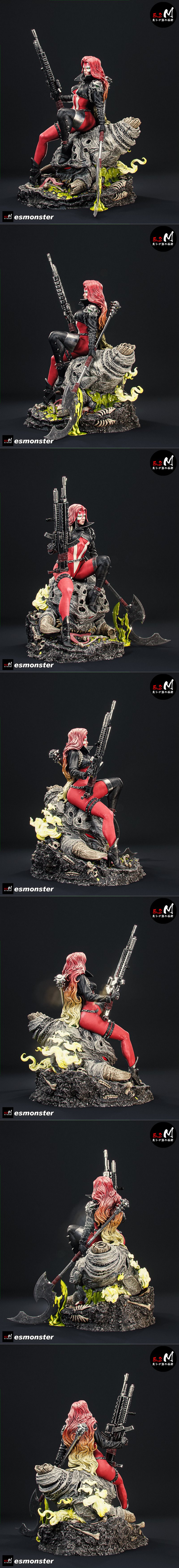 Female character Scorched from Spawn, seated on a monster base, holding a rifle and axe. Wears red and black costume...