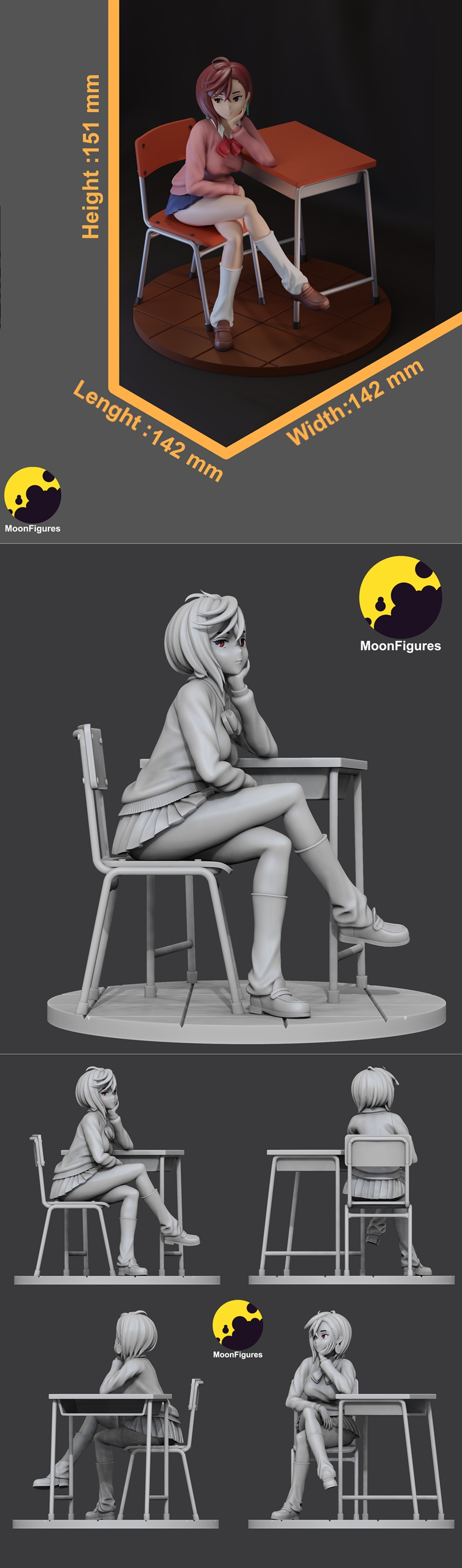 3D model of Momo Ayase in a school uniform, sitting at a desk with her head resting on her hand.