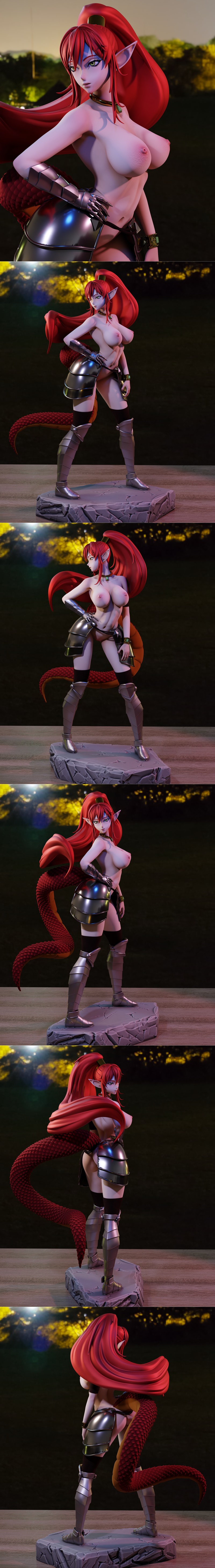 Female figure with long red hair, snake tail, and elven ears, wearing a black top and metallic armor pieces, standing...