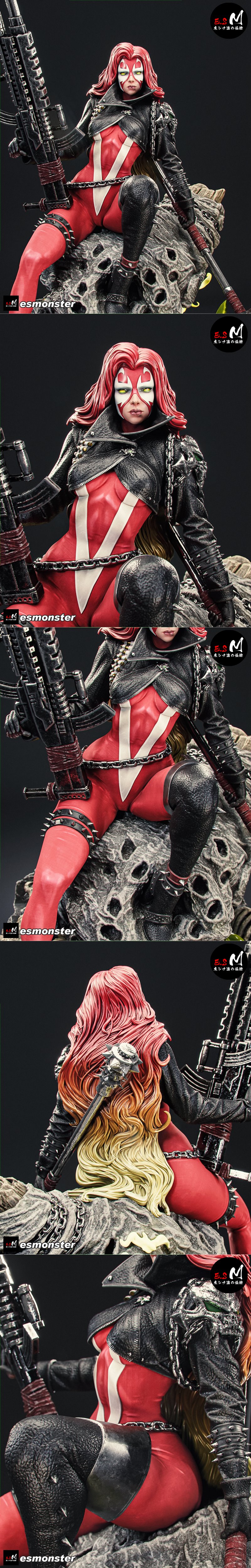 Female character Scorched from Spawn, seated on a monster base, holding a rifle and axe. Wears red and black costume...