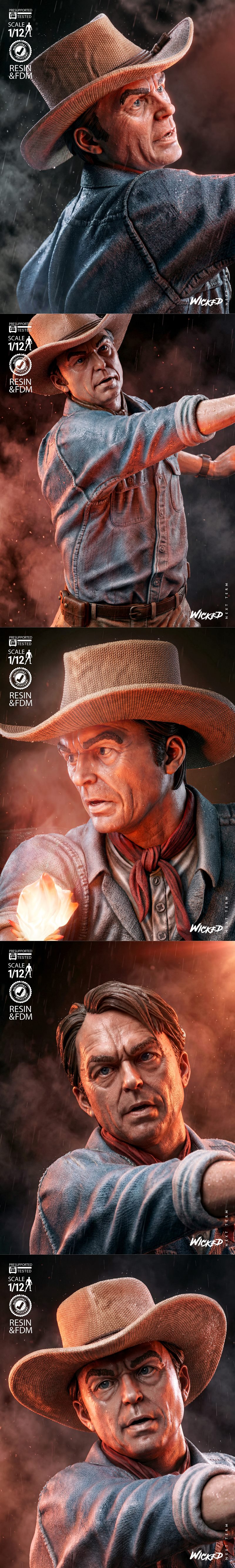 Alan Grant figure holding a flaming torch, wearing a cowboy hat and denim shirt. 1:12 scale, presupported, tested. St...