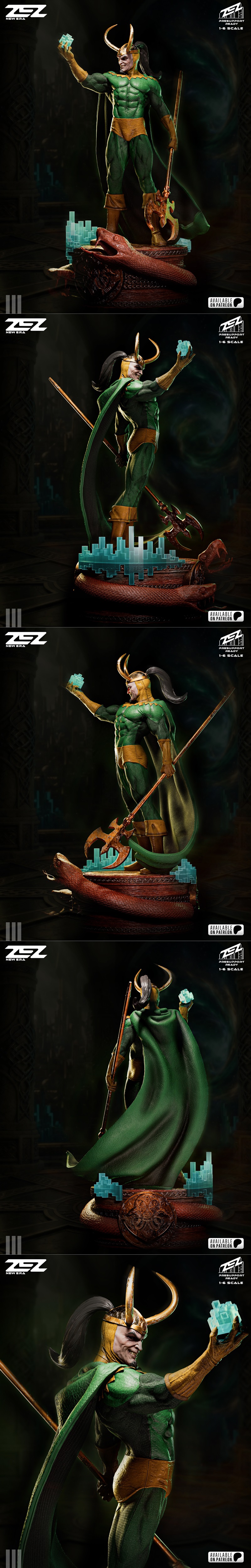 ZEZ Studio 1:6 scale 3D print model of Loki, holding a Tesseract and staff, with a snake on the base.