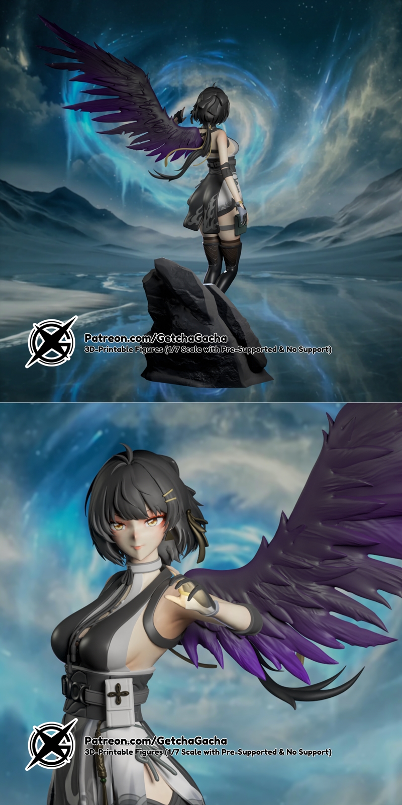 Female Rover (WuWa) from GetchaGacha in a heroic pose, wielding a sword and standing on a rocky outcrop.