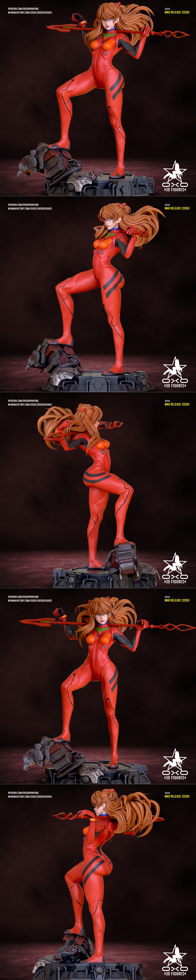 Asuka Langley Soryu in a red plugsuit holding a lance, 3D model by OXO3D Figures.