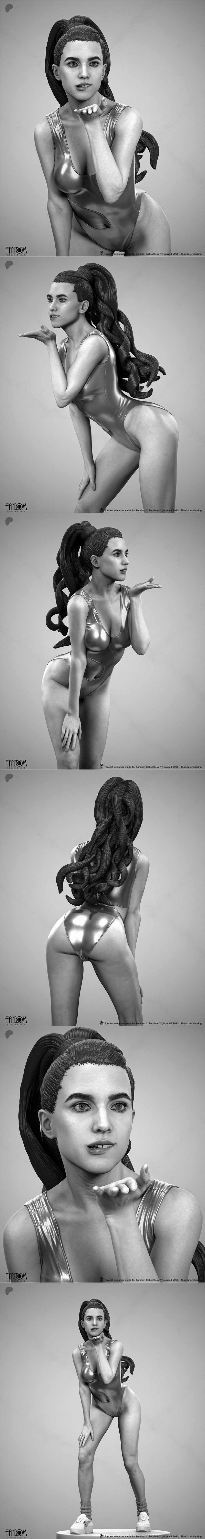 3D model of Margaret in a metallic swimsuit, blowing a kiss, with a ponytail and braid. Fandom Collectibles.